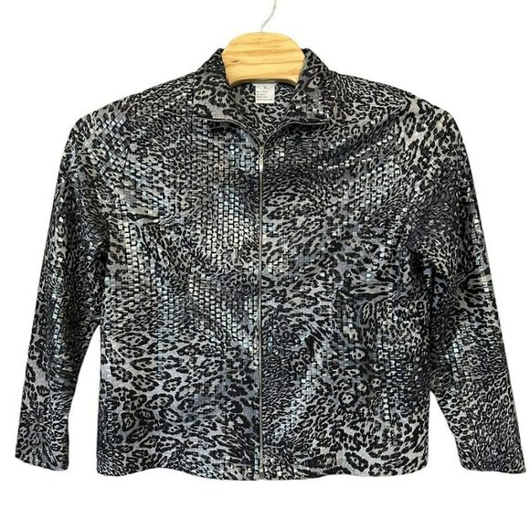 Exclusively Misook Gray Leopard Print Sequin Zipper Jacket Womens XL‎ - Picture 1 of 5